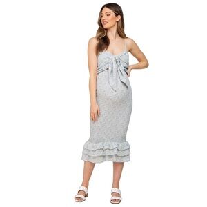 MABLE Anthropologie Blue Ditsy Floral Print Knot Front Smocked Midi Dress, L